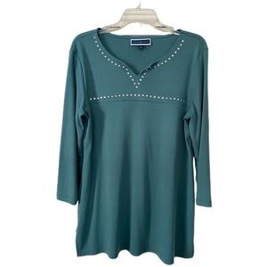 Karen Scott Tunic Top Split Neck with Studs 3/4 Sleeve Side Slits Teal Size M
